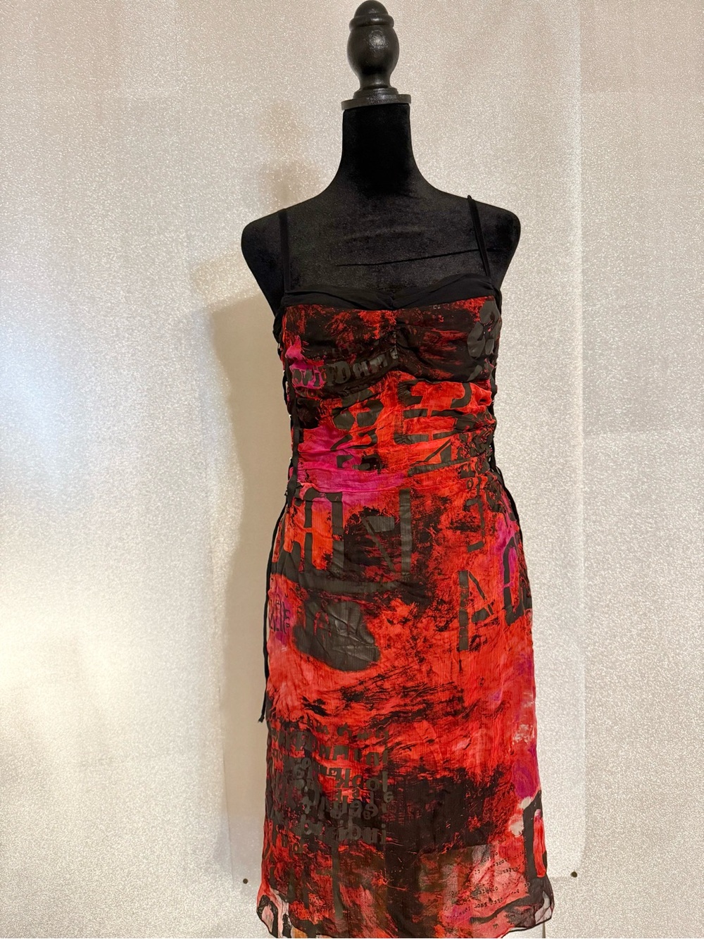 Marc Cain Red, Pink and Black Abstract Mesh Midi Dress